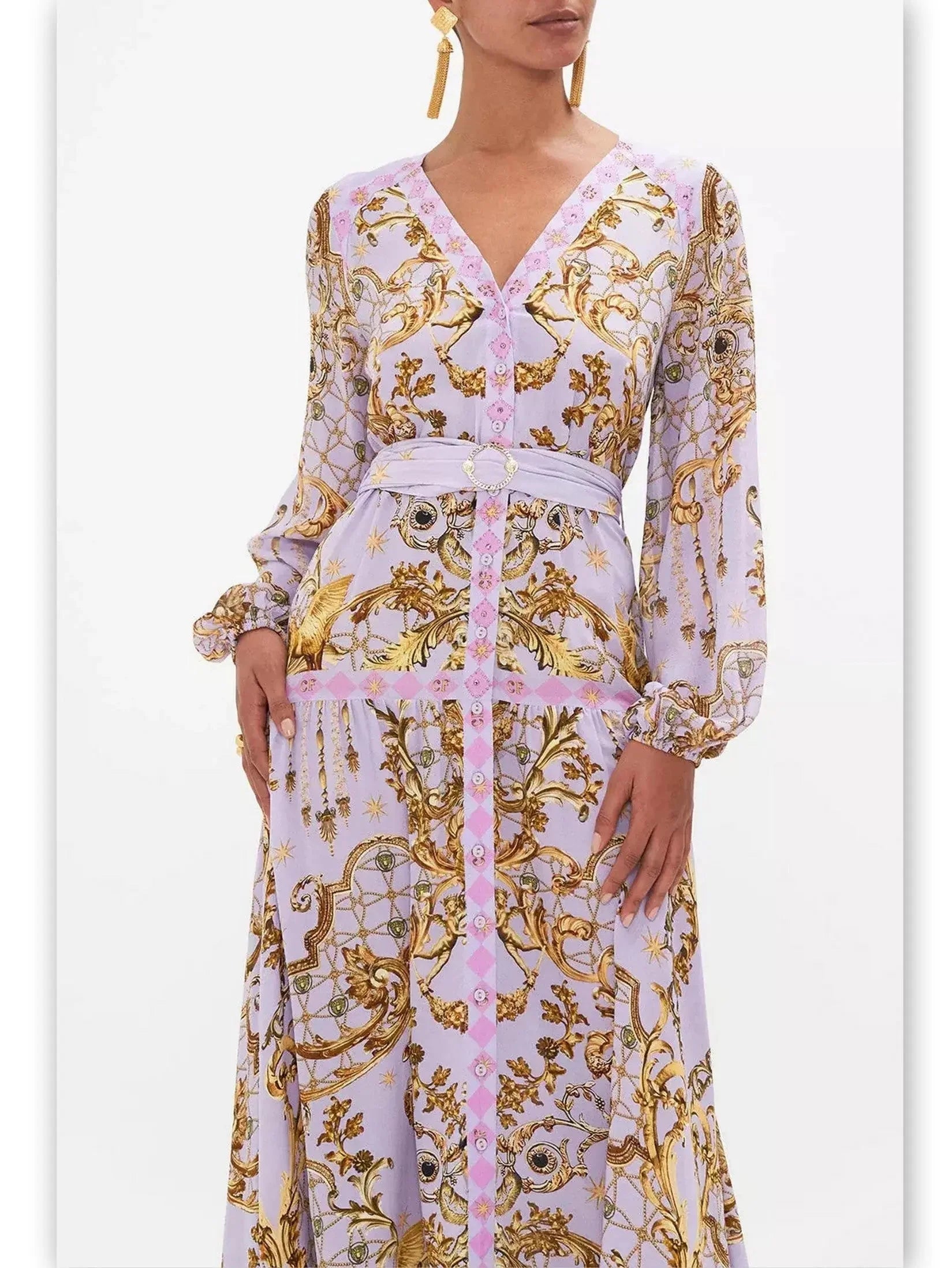 Belted Lavender Silk V-neck Printed Dress - Dresses