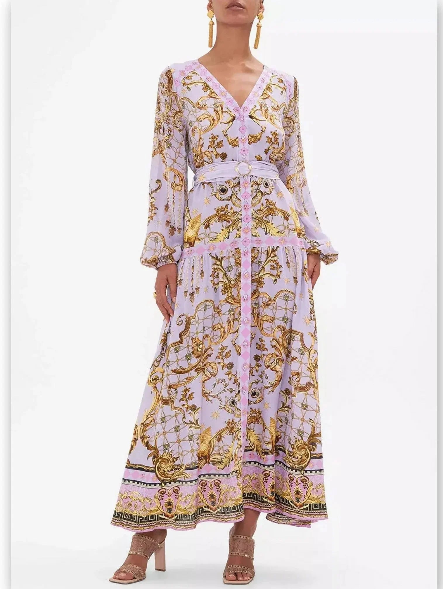 Belted Lavender Silk V-neck Printed Dress - Dresses