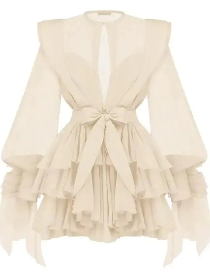 Belted Layered Tiered Sculptured-Shoulder Mini Dress - Dresses