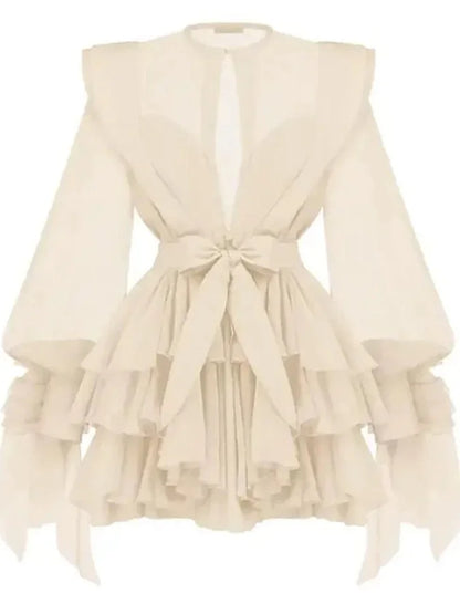 Belted Layered Tiered Sculptured-Shoulder Mini Dress - Dresses