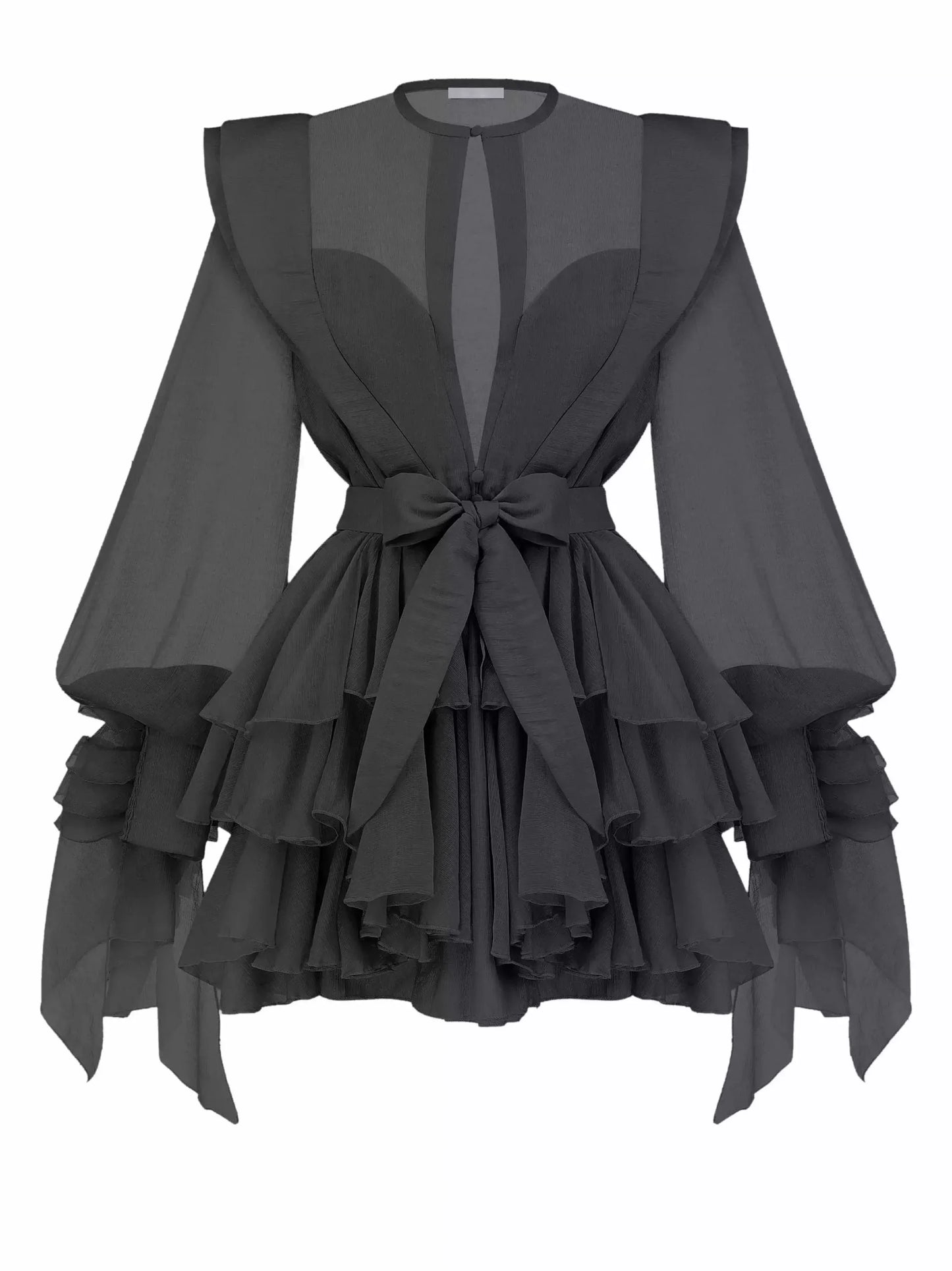 Belted Layered Tiered Sculptured-Shoulder Mini Dress - Dresses