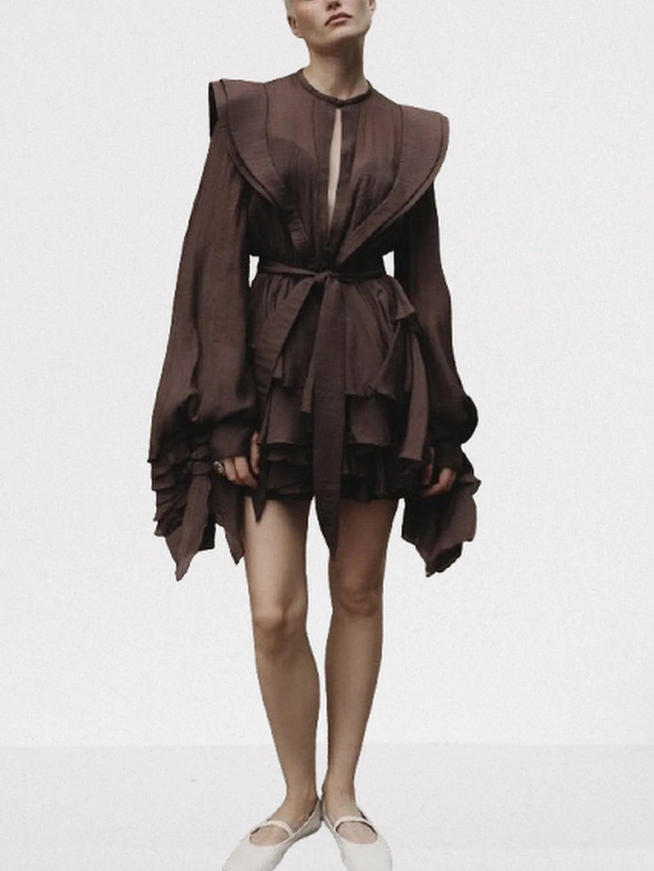 Belted Layered Tiered Sculptured-Shoulder Mini Dress - Dresses
