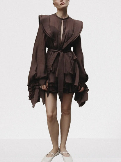 Belted Layered Tiered Sculptured-Shoulder Mini Dress - Dresses