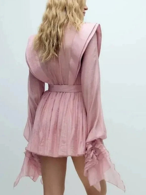 Belted Layered Tiered Sculptured-Shoulder Mini Dress - Dresses