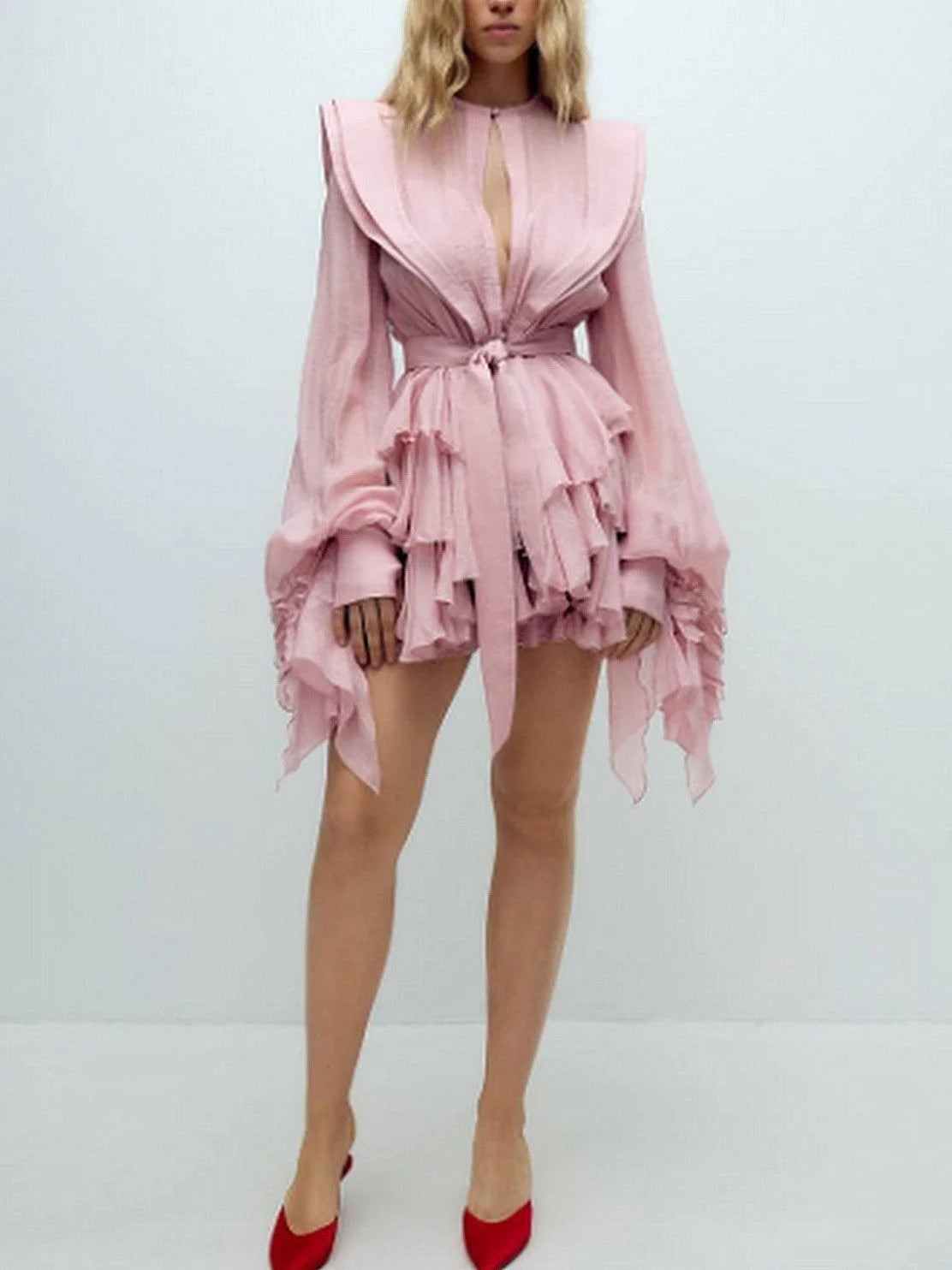 Belted Layered Tiered Sculptured-Shoulder Mini Dress - Dresses