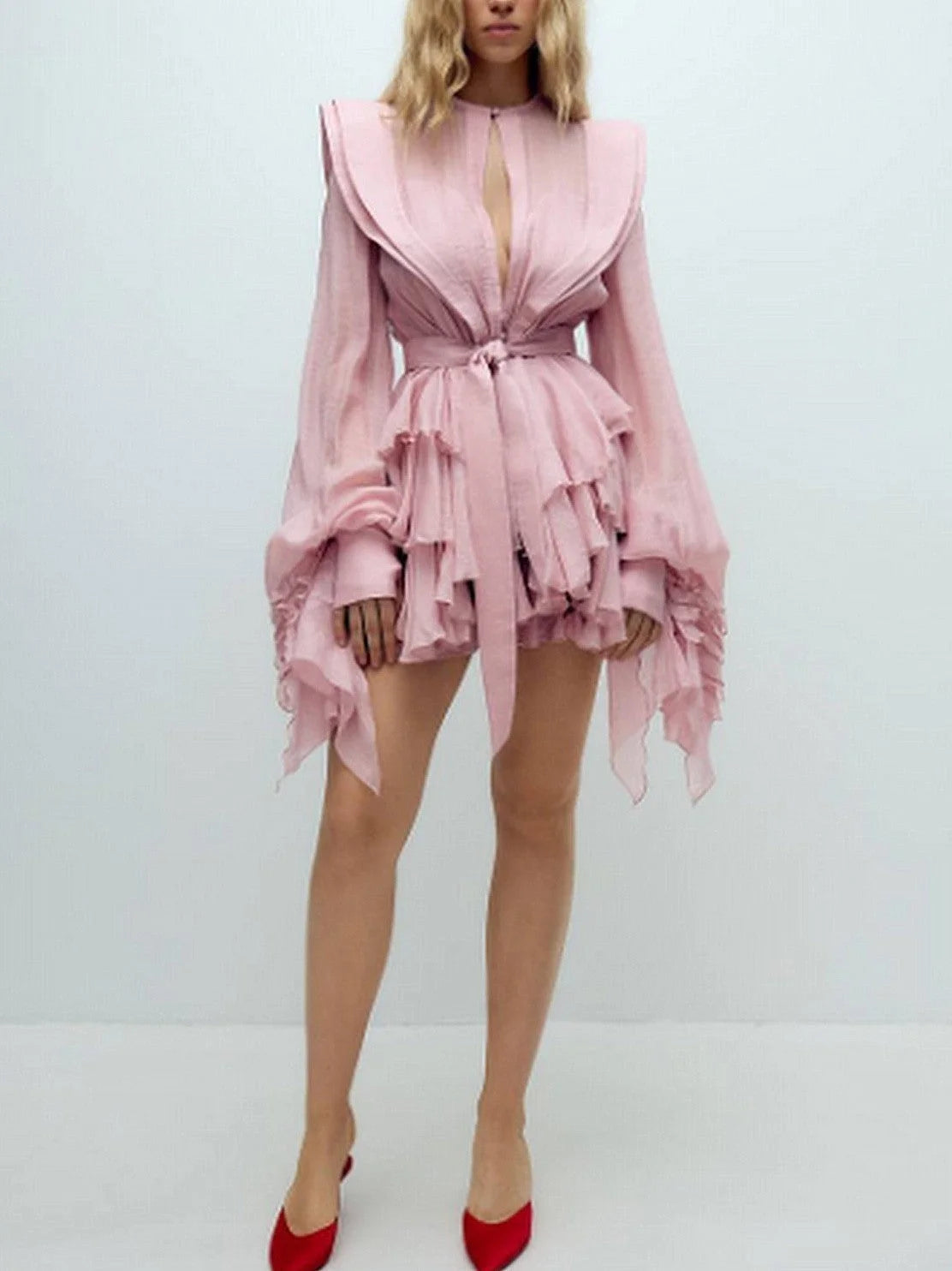 Belted Layered Tiered Sculptured-Shoulder Mini Dress - Dresses