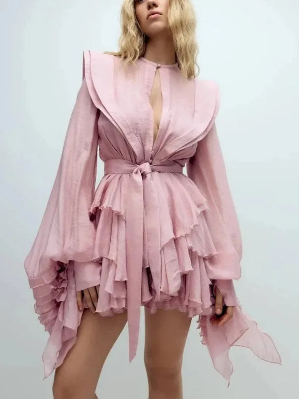 Belted Layered Tiered Sculptured-Shoulder Mini Dress - Dresses
