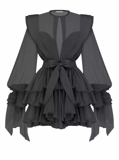 Belted Layered Tiered Sculptured-Shoulder Mini Dress - Small / Black - Dresses