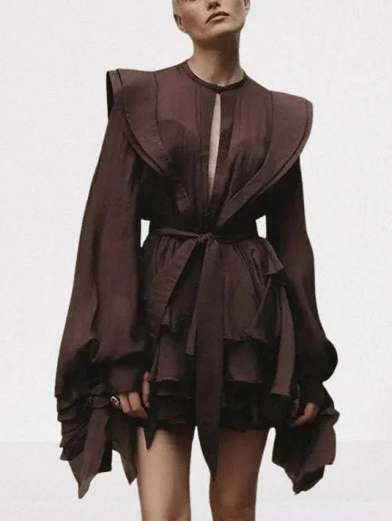 Belted Layered Tiered Sculptured-Shoulder Mini Dress - Small / Brown - Dresses