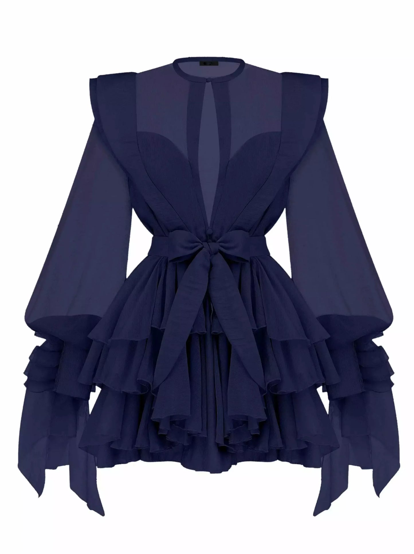 Belted Layered Tiered Sculptured-Shoulder Mini Dress - Small / Navy - Dresses