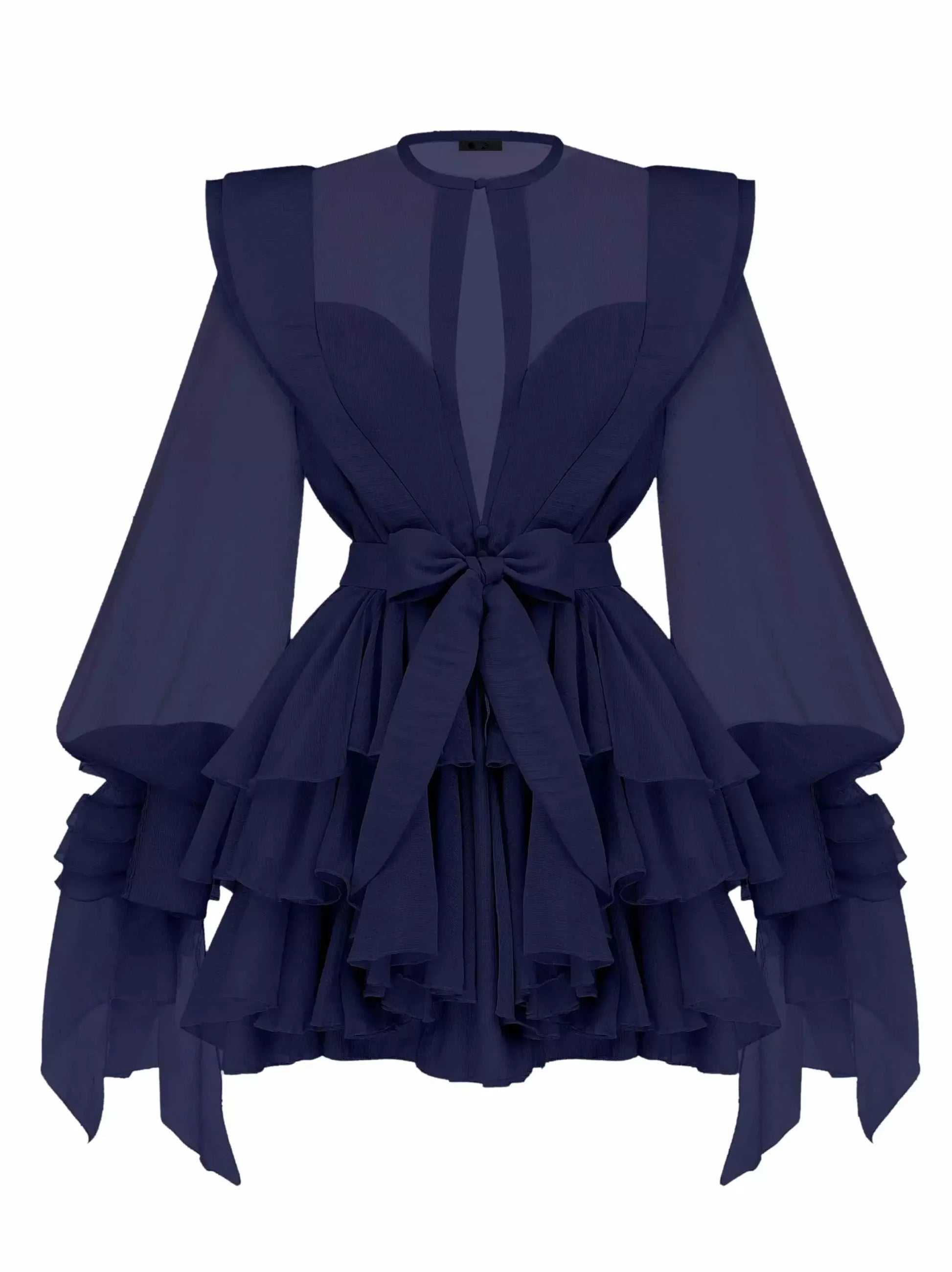 Belted Layered Tiered Sculptured-Shoulder Mini Dress - Small / Navy - Dresses