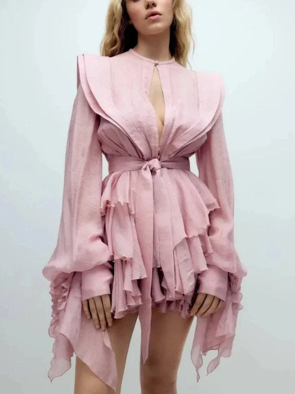 Belted Layered Tiered Sculptured-Shoulder Mini Dress - Small / Pink - Dresses