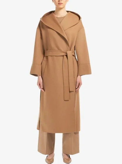 Belted Long Wool Coat with Hood in Camel - Coats