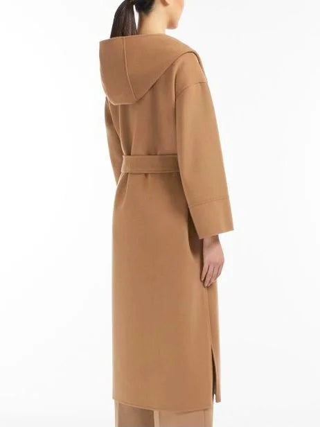 Belted Long Wool Coat with Hood in Camel - Coats