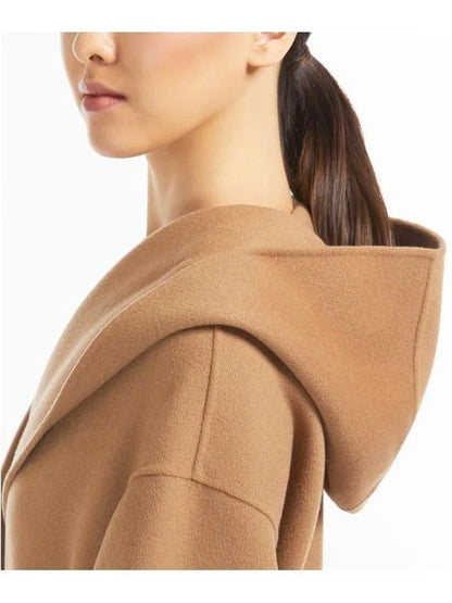 Belted Long Wool Coat with Hood in Camel - Coats