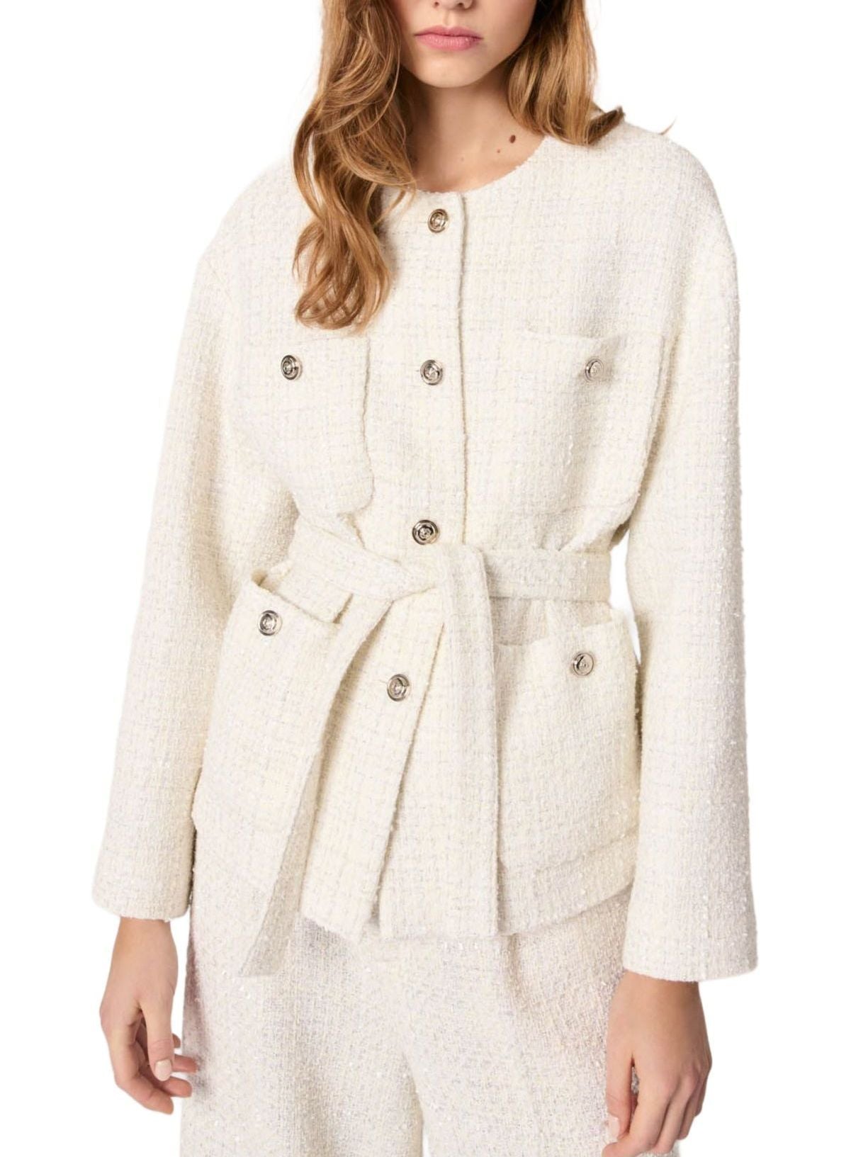 Cream-colored tweed jacket with belt from Branna Couture in high-end women’s fashion