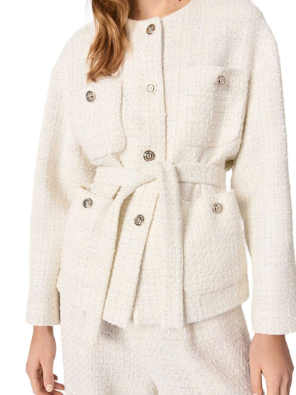 Cream-colored Tweed Jacket with belt from Branna Couture, a luxury women’s apparel piece