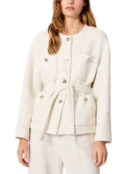 Cream-colored tweed jacket with belt from Branna Couture, a luxury women’s apparel choice