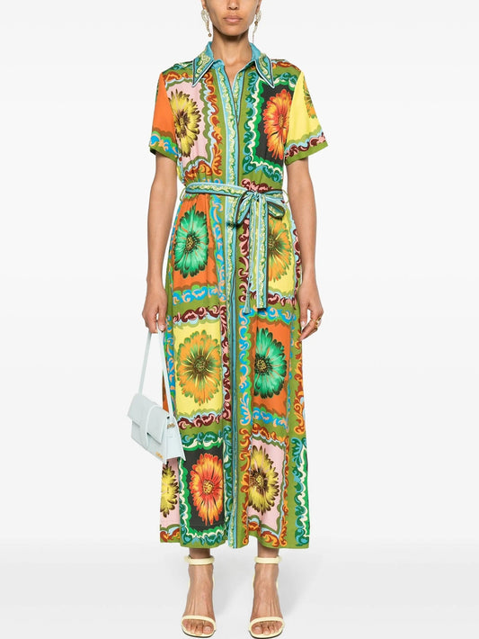 Belted Multicolor Daisy Printed Short-Sleeve Shirt Dress - Dresses