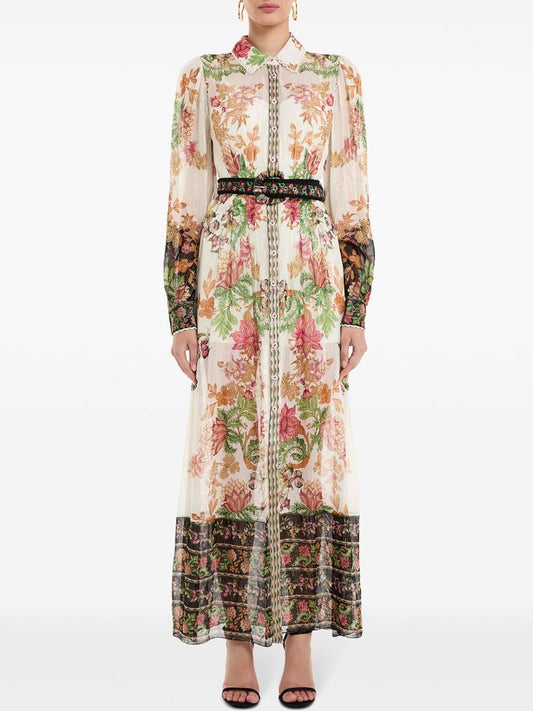 Belted Multicolor Floral-Print Long-Sleeve Dress from Branna Couture showcased elegantly