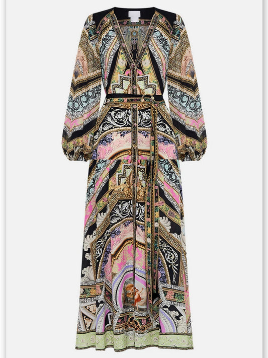 Belted multicolor printed silk V-neck maxi dress with vibrant patterns and long sleeves