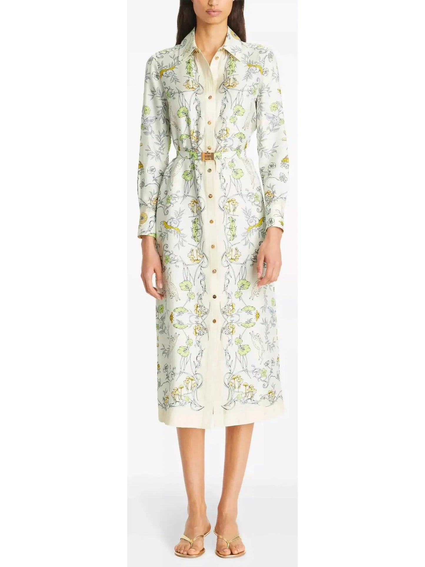 Belted Neutral Rabbit Field Printed Silk Twill Shirt Dress - Dresses