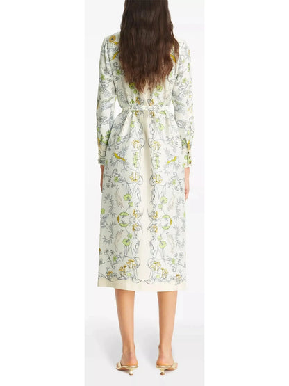 Belted Neutral Rabbit Field Printed Silk Twill Shirt Dress - Dresses