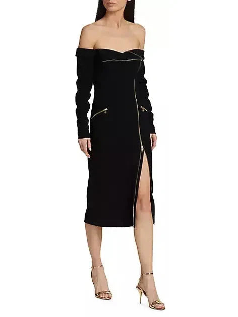 Belted Off-The-Shoulder Biker Midi-Dress - Dresses