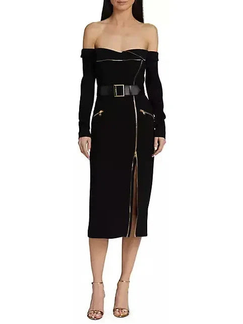 Belted Off-The-Shoulder Biker Midi-Dress - Dresses