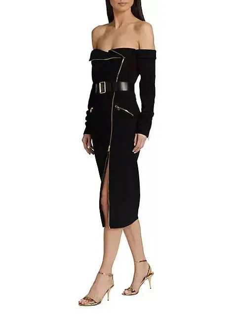 Belted Off-The-Shoulder Biker Midi-Dress - Dresses