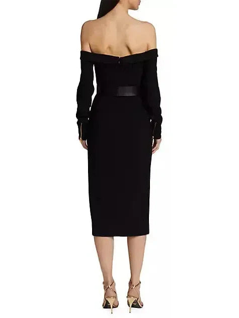 Belted Off-The-Shoulder Biker Midi-Dress - Dresses