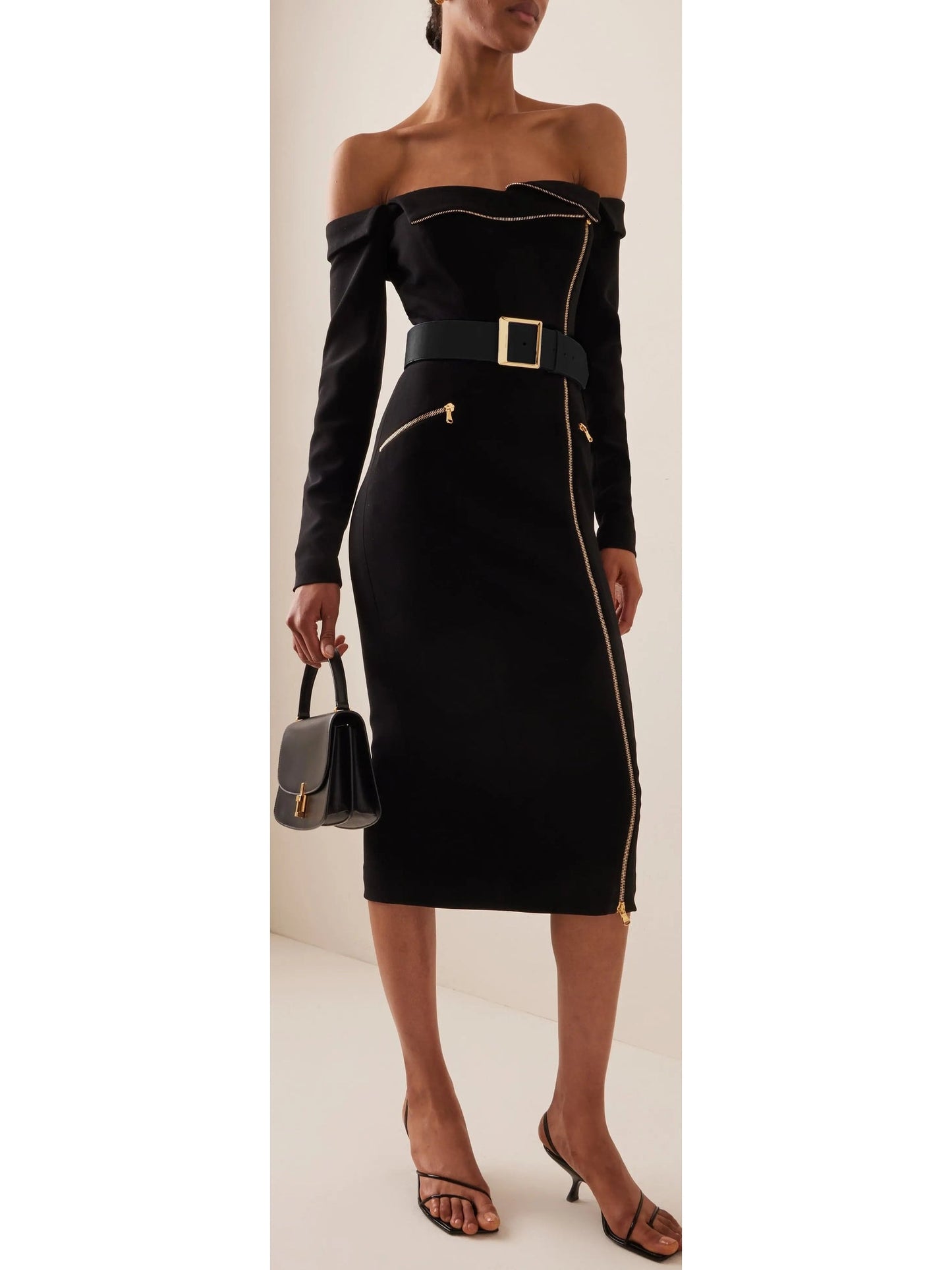 Belted Off-The-Shoulder Biker Midi-Dress - xs - Dresses