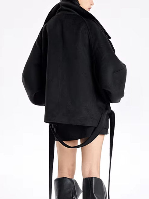 Belted Oversize High-Collar Jacket in Black - Jackets