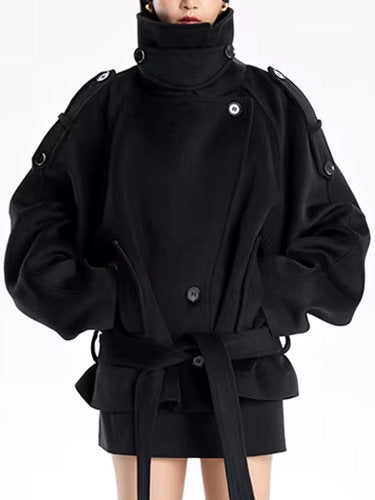 Belted Oversize High-Collar Jacket in Black - Jackets