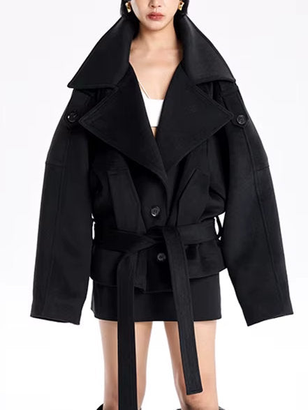 Belted Oversize High-Collar Jacket in Black - Jackets