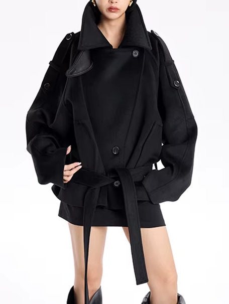 Belted Oversize High-Collar Jacket in Black - Jackets