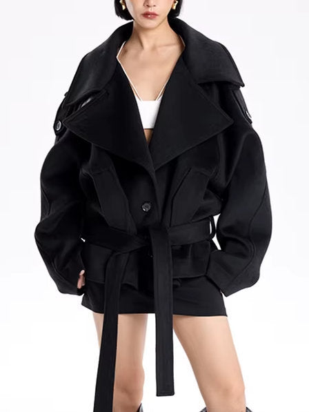 Belted Oversize High-Collar Jacket in Black - Jackets