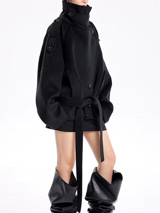 Belted Oversize High-Collar Jacket in Black - Jackets