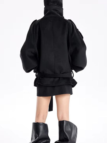 Belted Oversize High-Collar Jacket in Black - Jackets