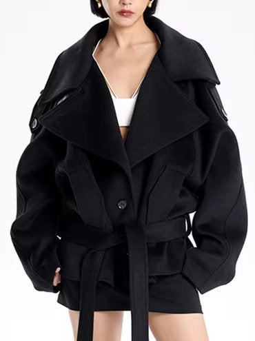 Belted Oversize High-Collar Jacket in Black - Jackets