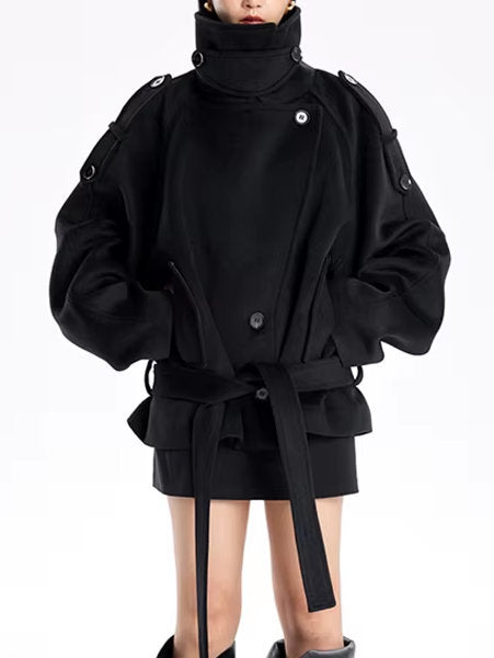 Belted Oversize High-Collar Jacket in Black - Jackets