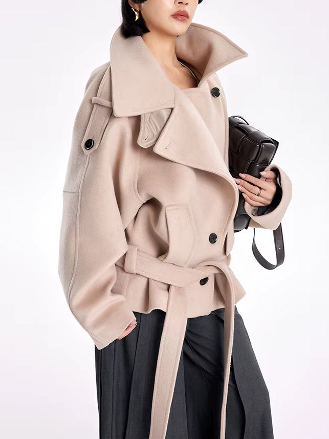 Belted Oversize High-Collar Jacket - Jackets