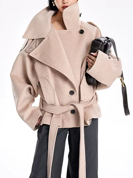 Belted Oversize High-Collar Jacket - Jackets