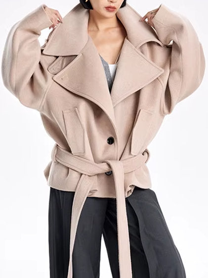 Belted Oversize High-Collar Jacket - Jackets