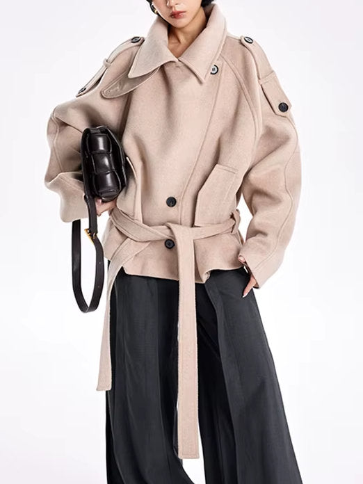 Belted Oversize High-Collar Jacket - Jackets