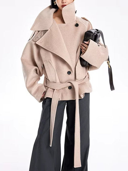 Belted Oversize High-Collar Jacket - Jackets