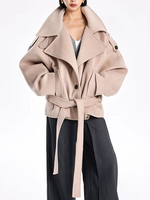 Belted Oversize High-Collar Jacket - Jackets