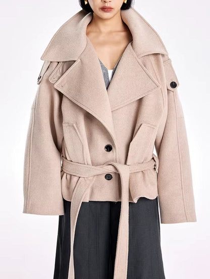 Belted Oversize High-Collar Jacket - Jackets