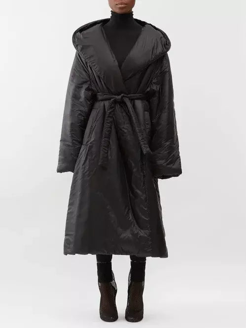 Belted Padded Wrap Coat in Black - Coats