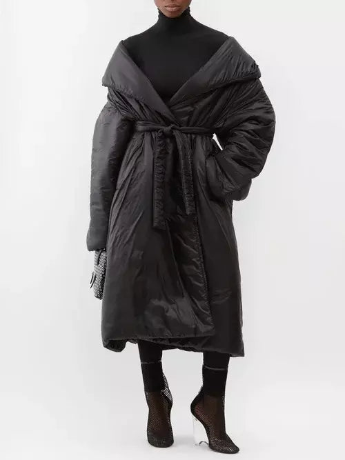 Belted Padded Wrap Coat in Black - Coats